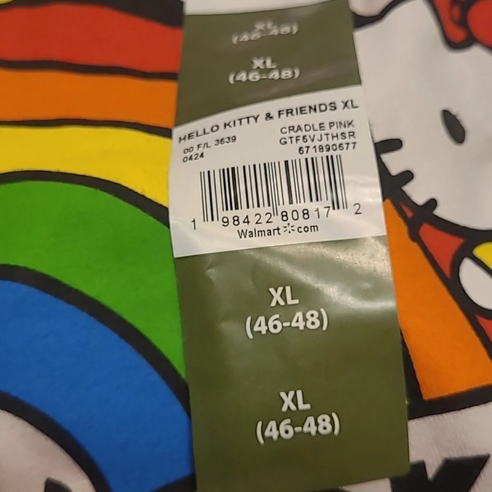 NWT Hello Kitty Light Pink Mens Tee with Rainbow Design Size XL 46/48 - Picture 3 of 4